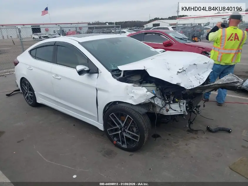 2019 Hyundai Elantra Sport VIN: KMHD04LB4KU840196 Lot: 44086913