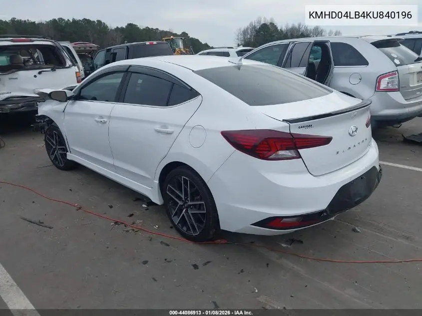 2019 Hyundai Elantra Sport VIN: KMHD04LB4KU840196 Lot: 44086913