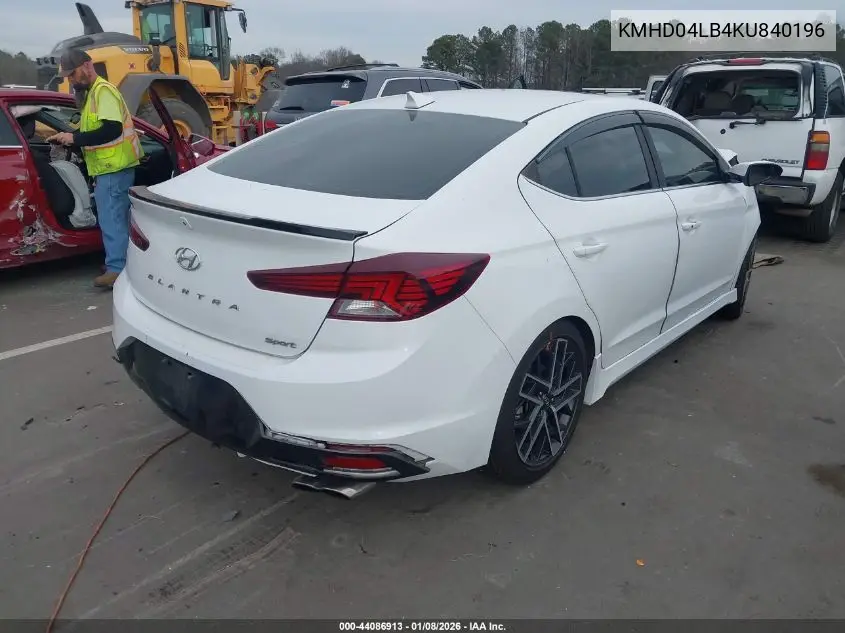 2019 Hyundai Elantra Sport VIN: KMHD04LB4KU840196 Lot: 44086913