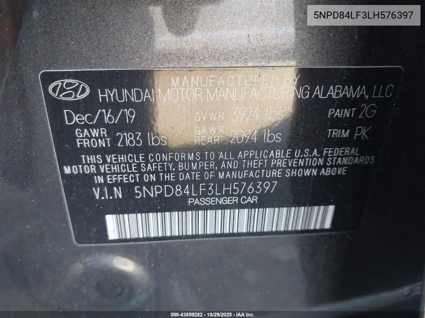 5NPD84LF3LH576397 2020 Hyundai Elantra Sel
