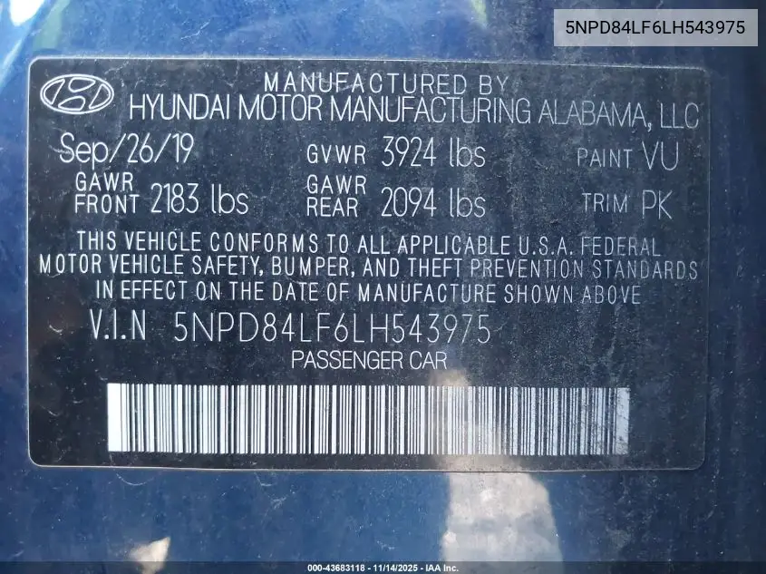 5NPD84LF6LH543975 2020 Hyundai Elantra Value Edition