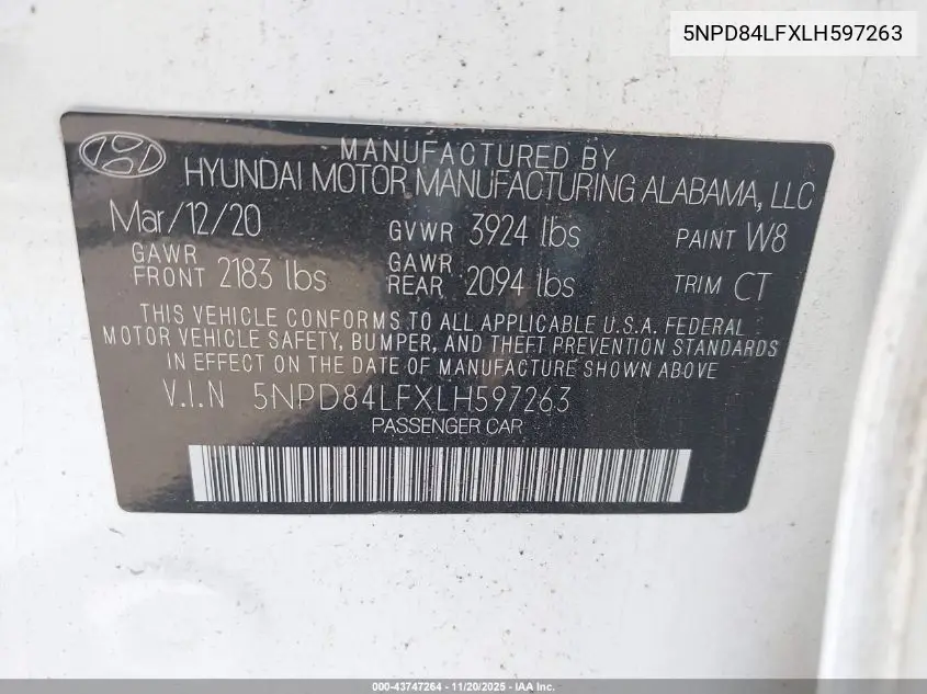 5NPD84LFXLH597263 2020 Hyundai Elantra Sel