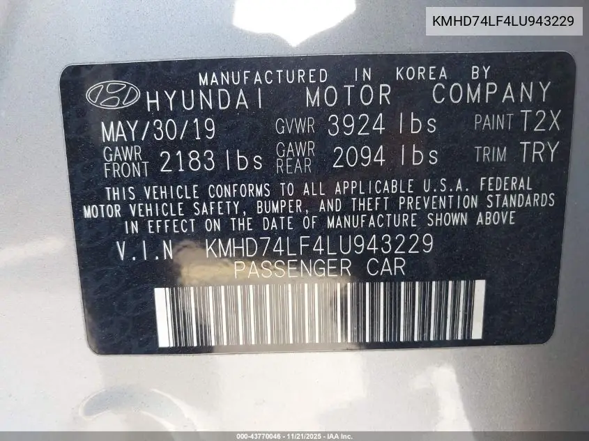 KMHD74LF4LU943229 2020 Hyundai Elantra Se