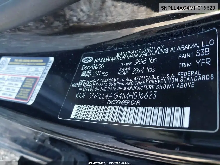 5NPLL4AG4MH016623 2021 Hyundai Elantra Se