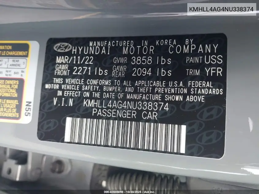 KMHLL4AG4NU338374 2022 Hyundai Elantra Se