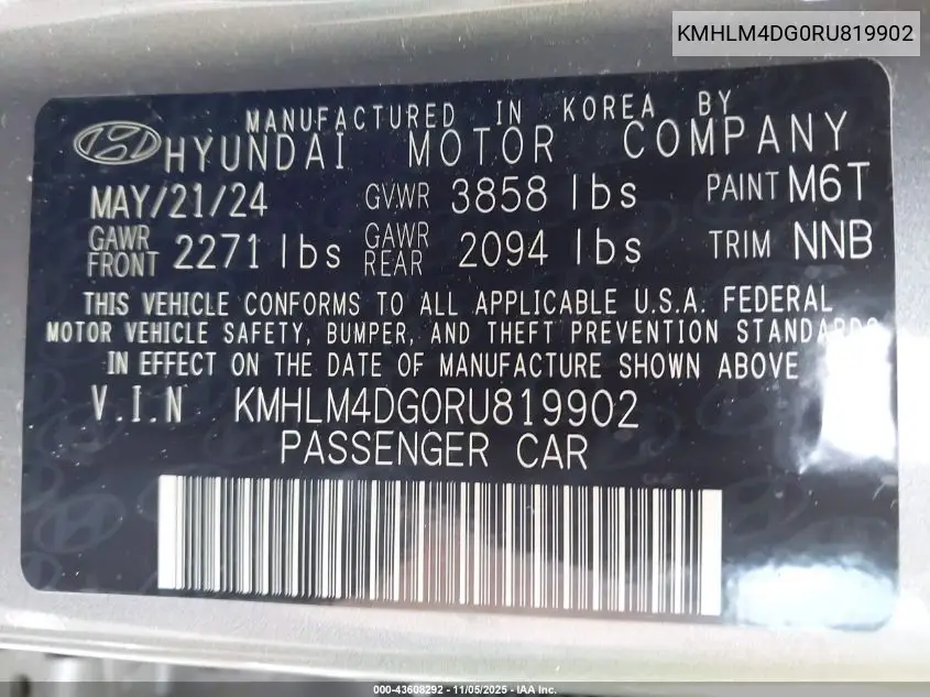 KMHLM4DG0RU819902 2024 Hyundai Elantra Sel