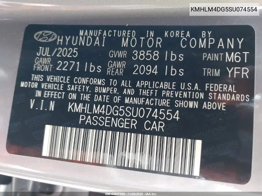KMHLM4DG5SU074554 2025 Hyundai Elantra Sel Sport