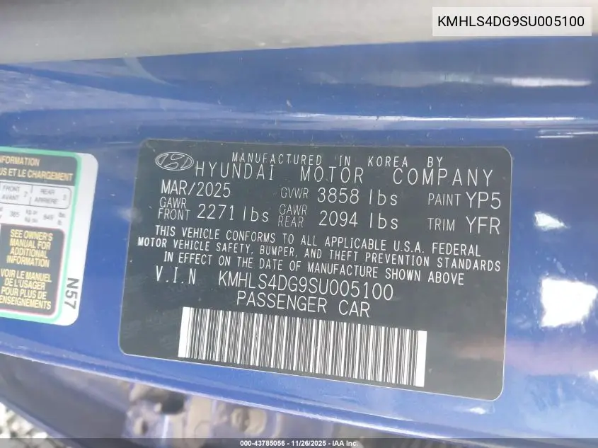 KMHLS4DG9SU005100 2025 Hyundai Elantra Sel Convenience