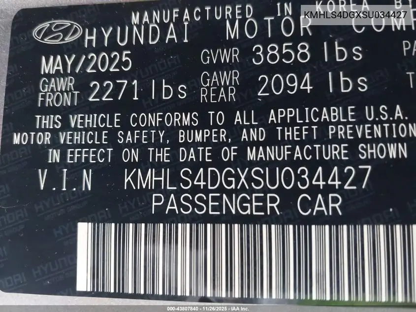 KMHLS4DGXSU034427 2025 Hyundai Elantra Sel Convenience