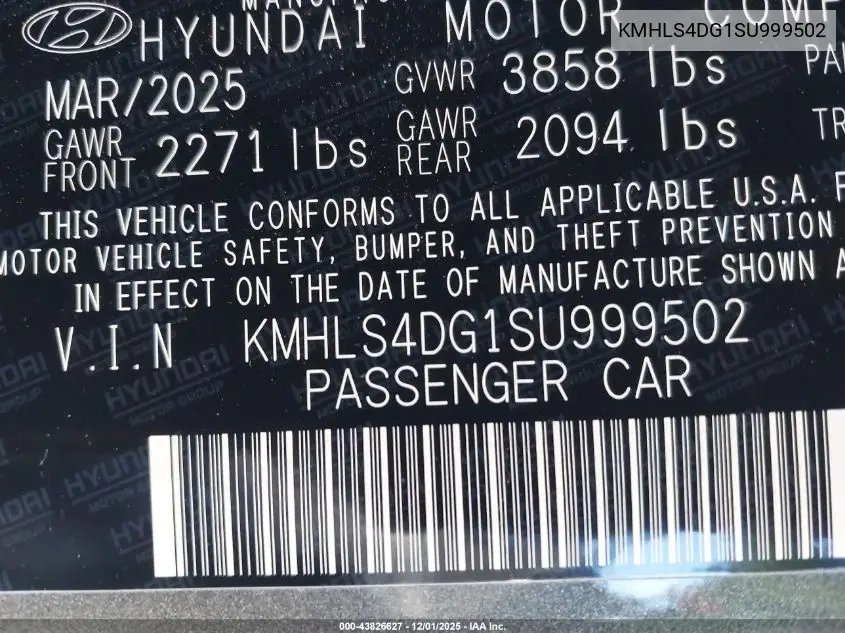 KMHLS4DG1SU999502 2025 Hyundai Elantra Sel Convenience