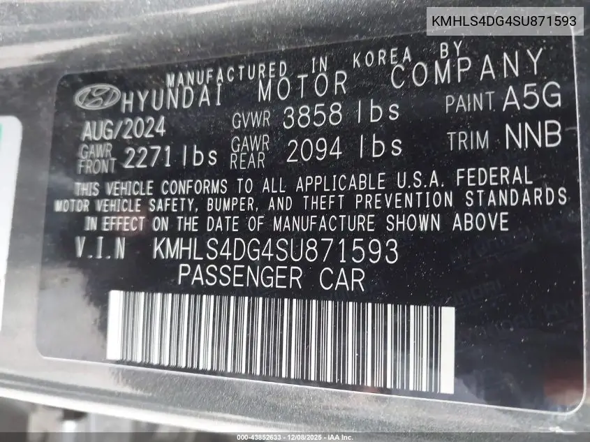 KMHLS4DG4SU871593 2025 Hyundai Elantra Sel Convenience