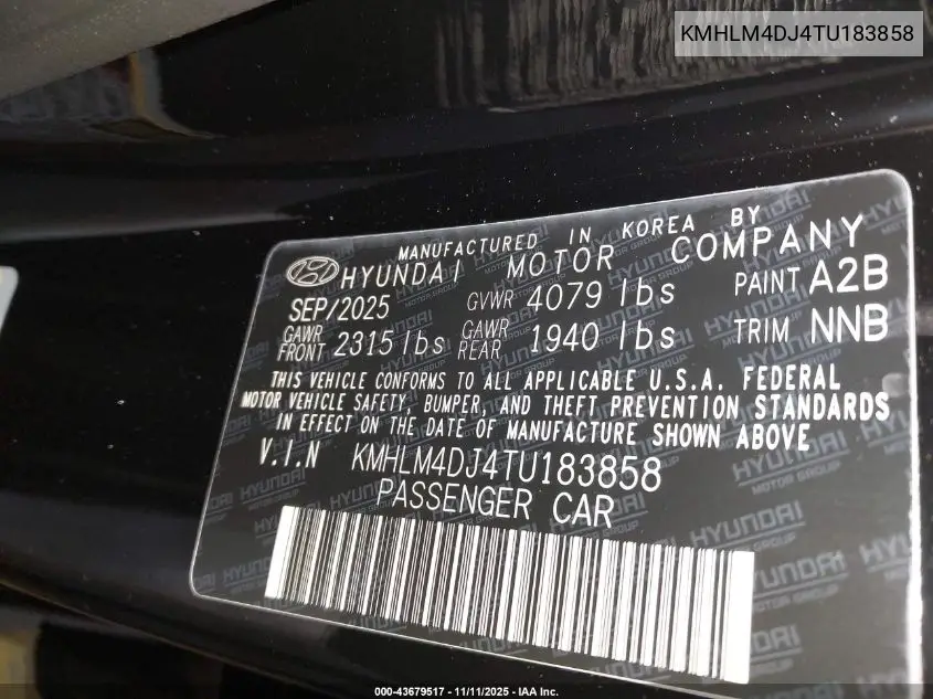 KMHLM4DJ4TU183858 2026 Hyundai Elantra Hybrid Blue