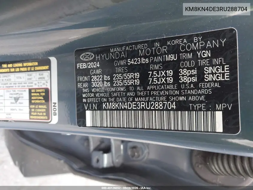 2024 Hyundai Ioniq 5 Sel VIN: KM8KN4DE3RU288704 Lot: 45126052