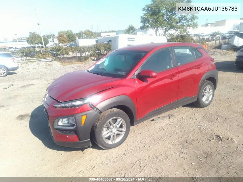 2018 Hyundai Kona Se VIN: KM8K1CAA6JU136783 Lot: 40400587