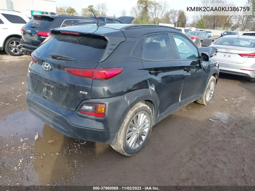 2019 Hyundai Kona Sel VIN: KM8K2CAA0KU386759 Lot: 37980069