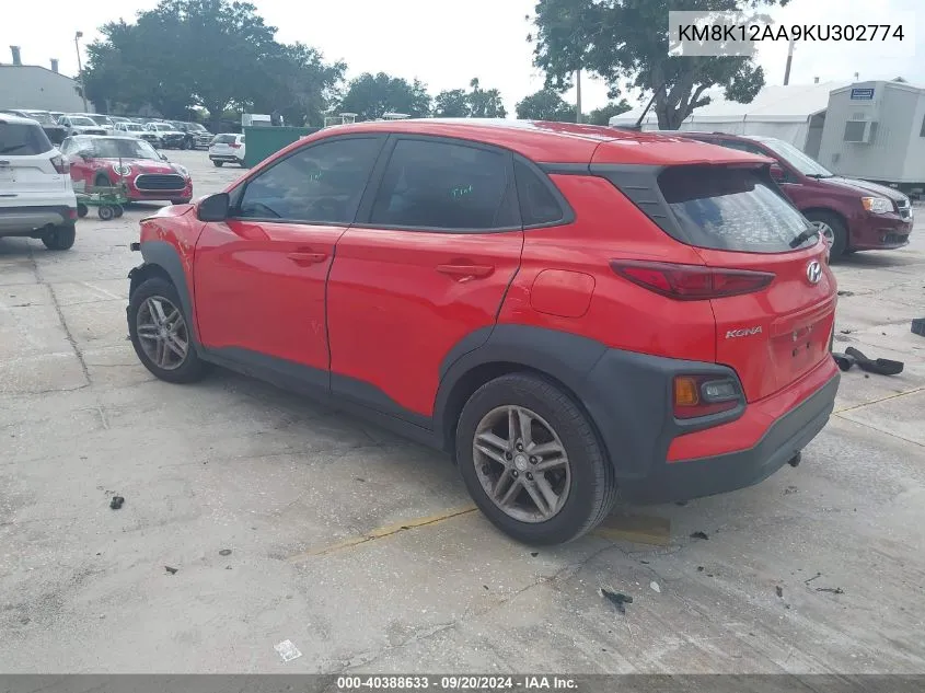 2019 Hyundai Kona Se VIN: KM8K12AA9KU302774 Lot: 40388633