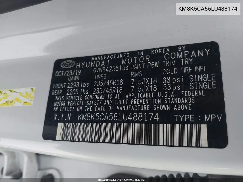 KM8K5CA56LU488174 2020 Hyundai Kona Ultimate