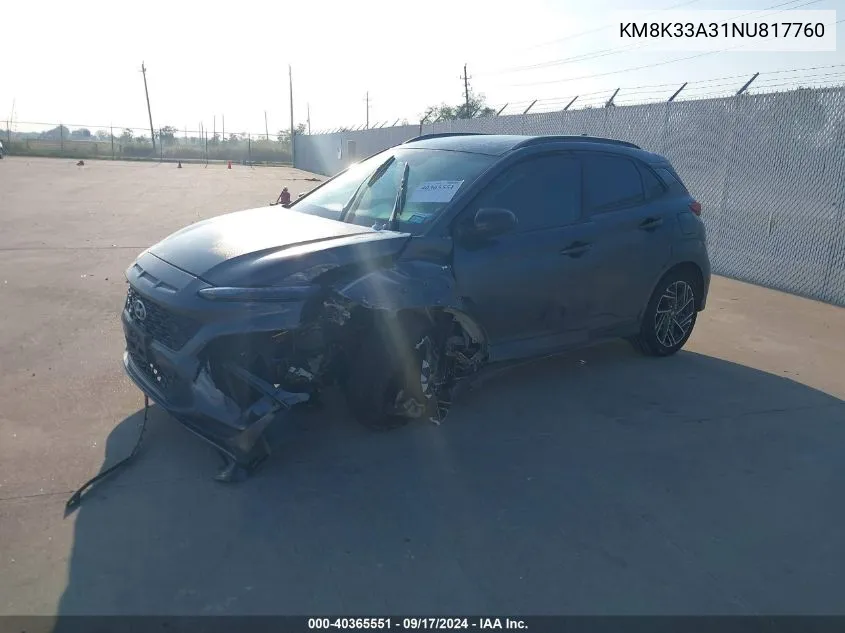 2022 Hyundai Kona N Line VIN: KM8K33A31NU817760 Lot: 40365551