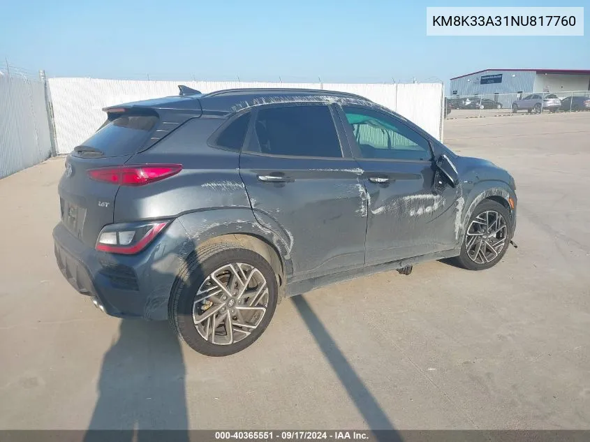 2022 Hyundai Kona N Line VIN: KM8K33A31NU817760 Lot: 40365551