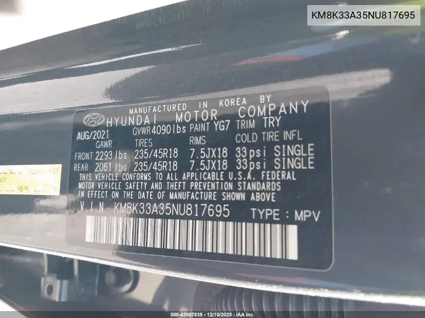 KM8K33A35NU817695 2022 Hyundai Kona N Line
