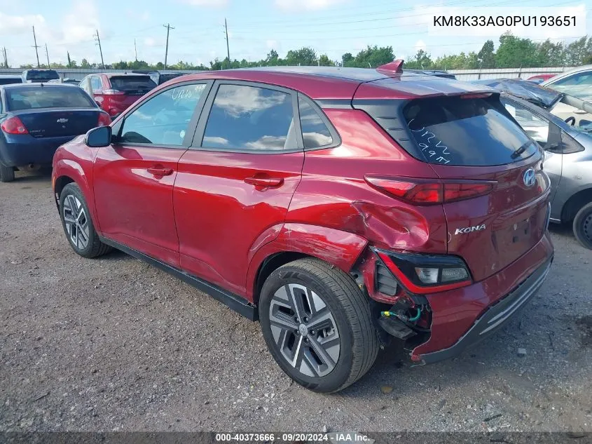 2023 Hyundai Kona Electric Sel VIN: KM8K33AG0PU193651 Lot: 40373666