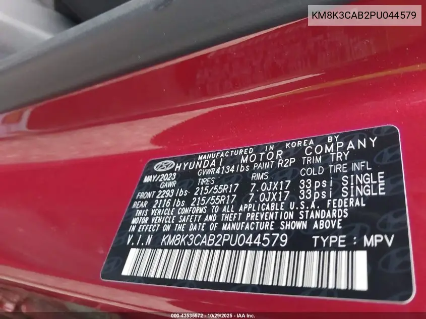 KM8K3CAB2PU044579 2023 Hyundai Kona Sel