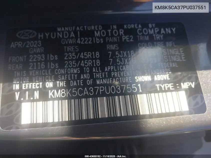 KM8K5CA37PU037551 2023 Hyundai Kona Limited