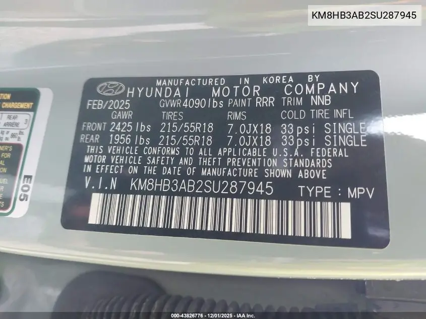 KM8HB3AB2SU287945 2025 Hyundai Kona Sel