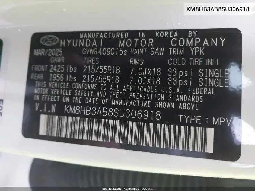 KM8HB3AB8SU306918 2025 Hyundai Kona Sel