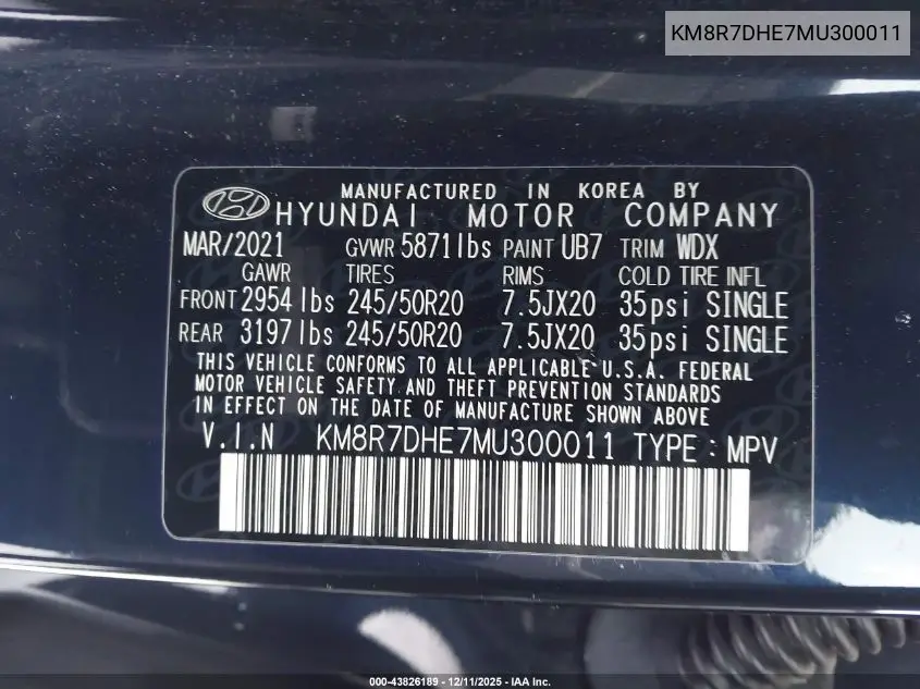 KM8R7DHE7MU300011 2021 Hyundai Palisade Calligraphy