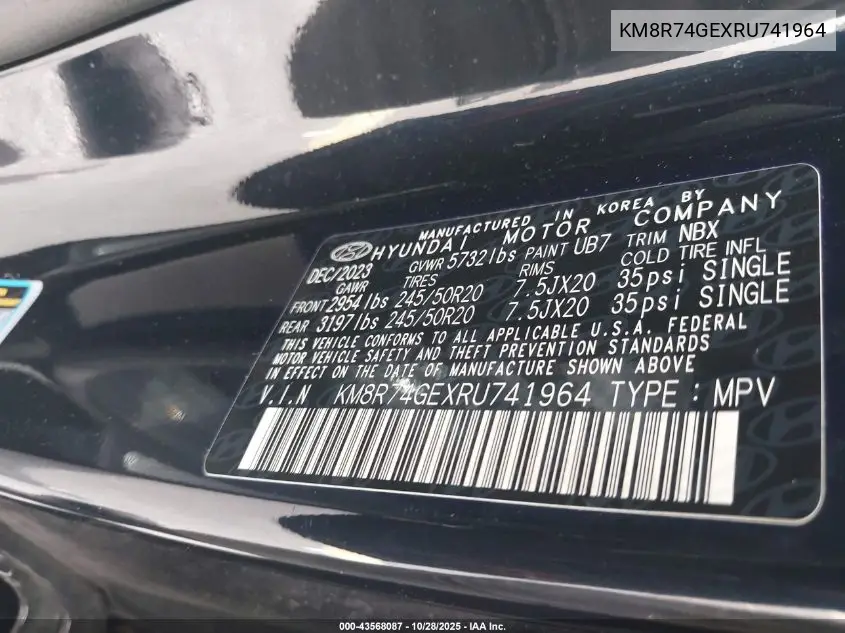 KM8R74GEXRU741964 2024 Hyundai Palisade Calligraphy