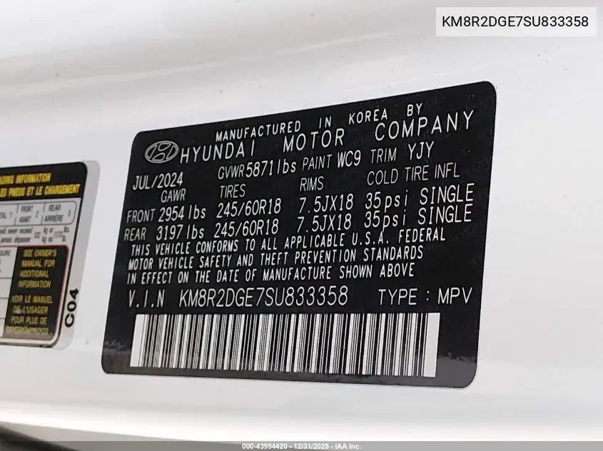 KM8R2DGE7SU833358 2025 Hyundai Palisade Sel