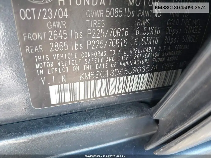 KM8SC13D45U903574 2005 Hyundai Santa Fe Gls