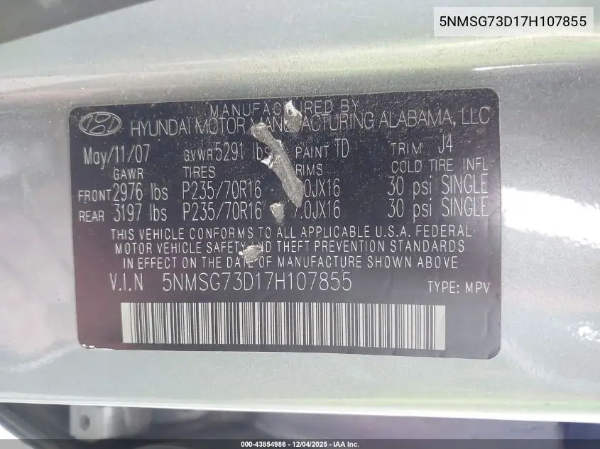 5NMSG73D17H107855 2007 Hyundai Santa Fe Gls