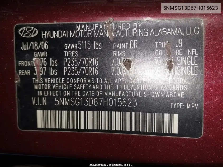 5NMSG13D67H015623 2007 Hyundai Santa Fe Gls