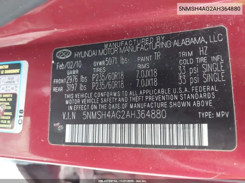 5NMSH4AG2AH364880 2010 Hyundai Santa Fe Se