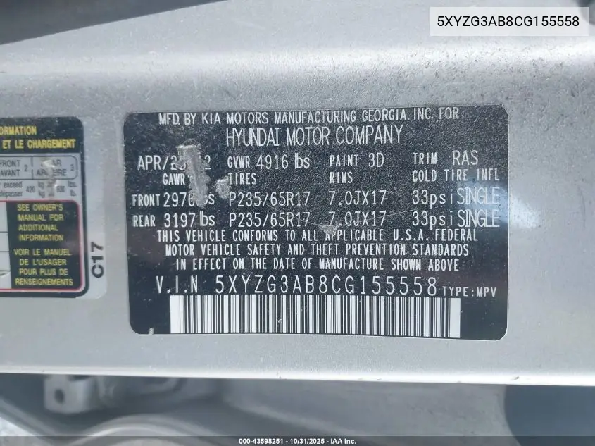 5XYZG3AB8CG155558 2012 Hyundai Santa Fe Gls