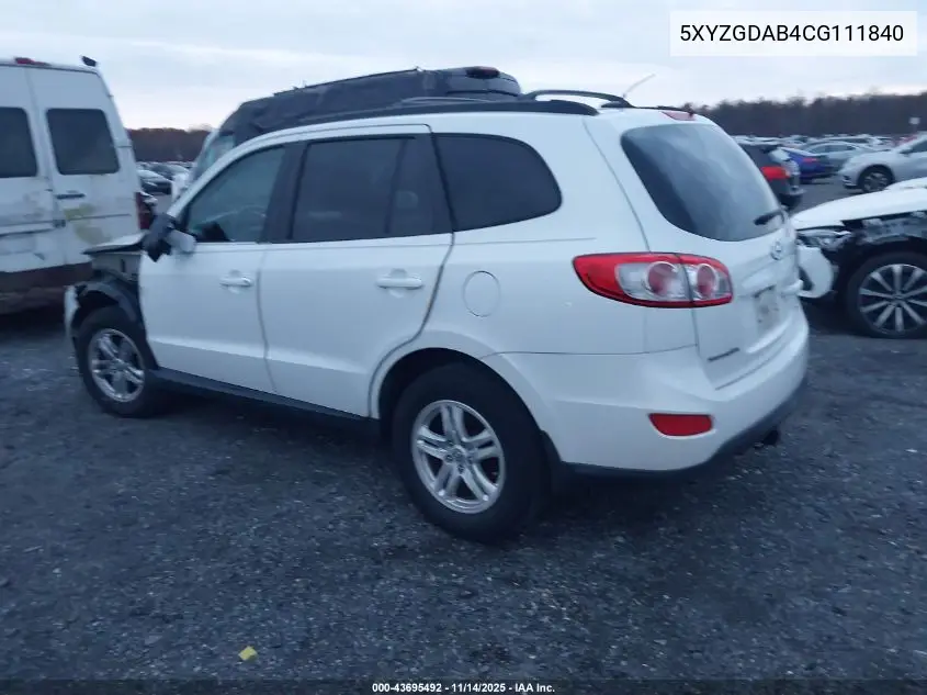 5XYZGDAB4CG111840 2012 Hyundai Santa Fe Gls