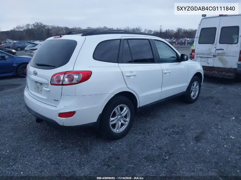 5XYZGDAB4CG111840 2012 Hyundai Santa Fe Gls