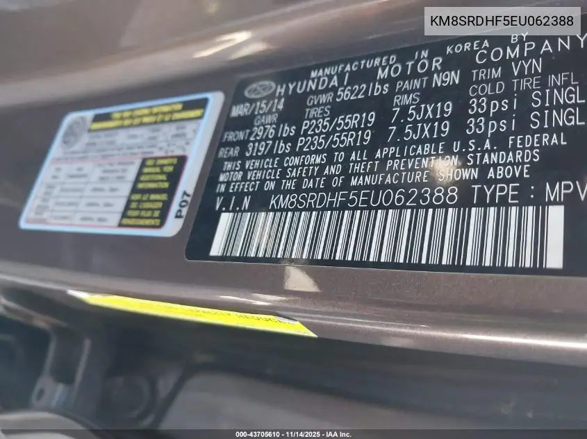 KM8SRDHF5EU062388 2014 Hyundai Santa Fe Limited