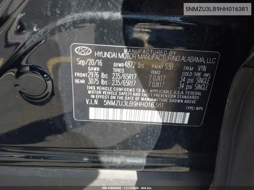 5NMZU3LB9HH016381 2017 Hyundai Santa Fe Sport 2.4L