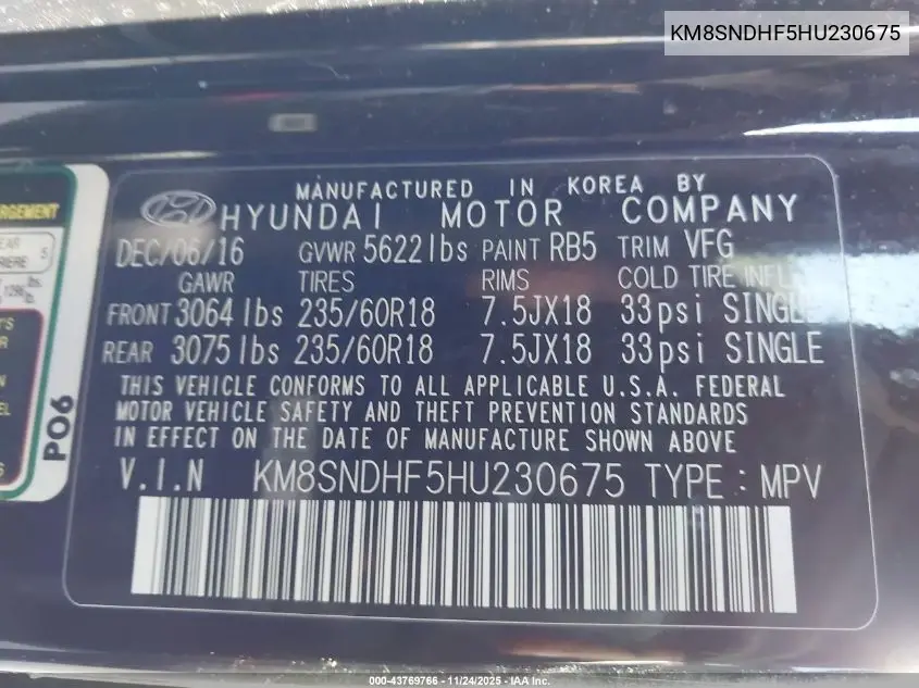 KM8SNDHF5HU230675 2017 Hyundai Santa Fe Se