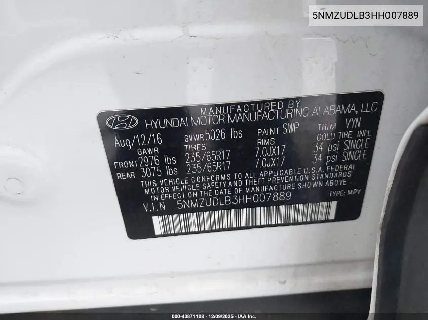 5NMZUDLB3HH007889 2017 Hyundai Santa Fe Sport 2.4L