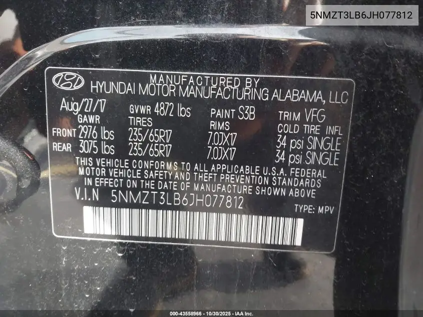 5NMZT3LB6JH077812 2018 Hyundai Santa Fe Sport 2.4L