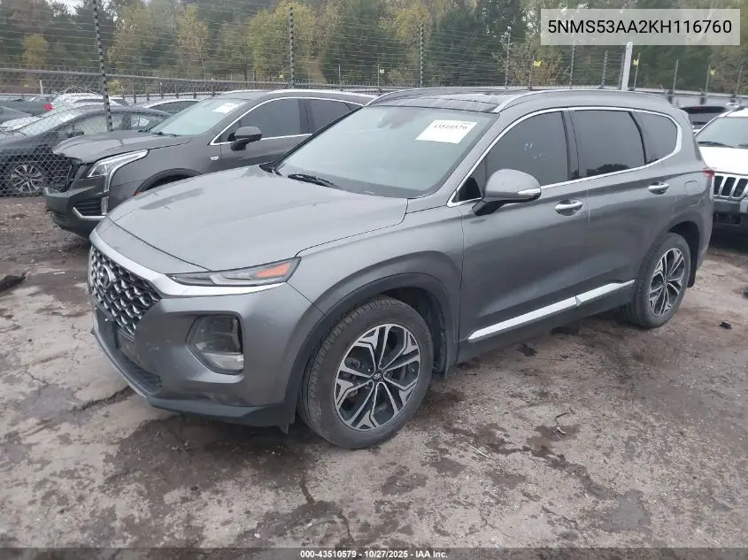 5NMS53AA2KH116760 2019 Hyundai Santa Fe Limited 2.0T