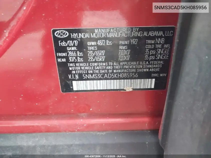 5NMS3CAD5KH085956 2019 Hyundai Santa Fe Sel