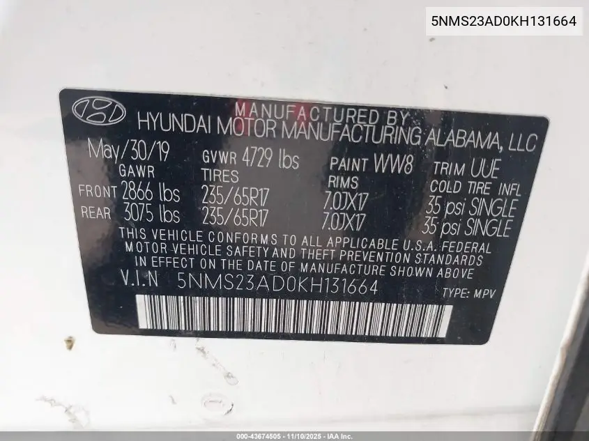 5NMS23AD0KH131664 2019 Hyundai Santa Fe Se
