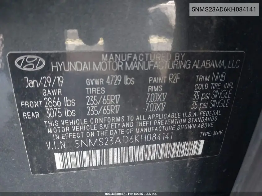 5NMS23AD6KH084141 2019 Hyundai Santa Fe Se