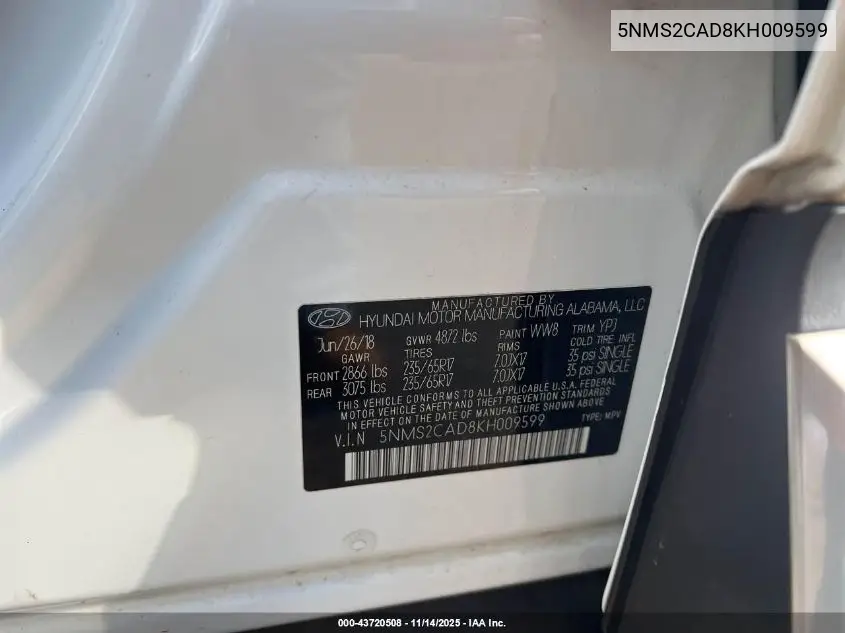 5NMS2CAD8KH009599 2019 Hyundai Santa Fe Se