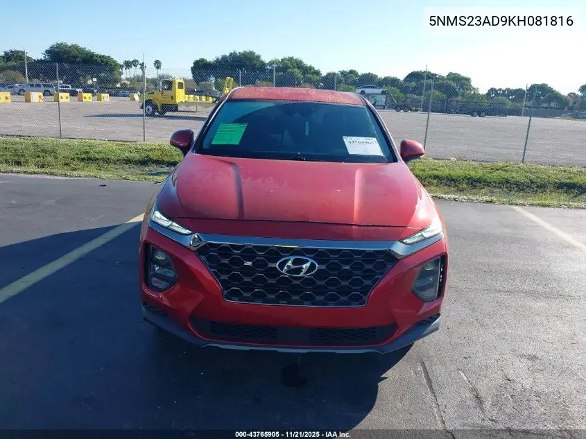 5NMS23AD9KH081816 2019 Hyundai Santa Fe Se